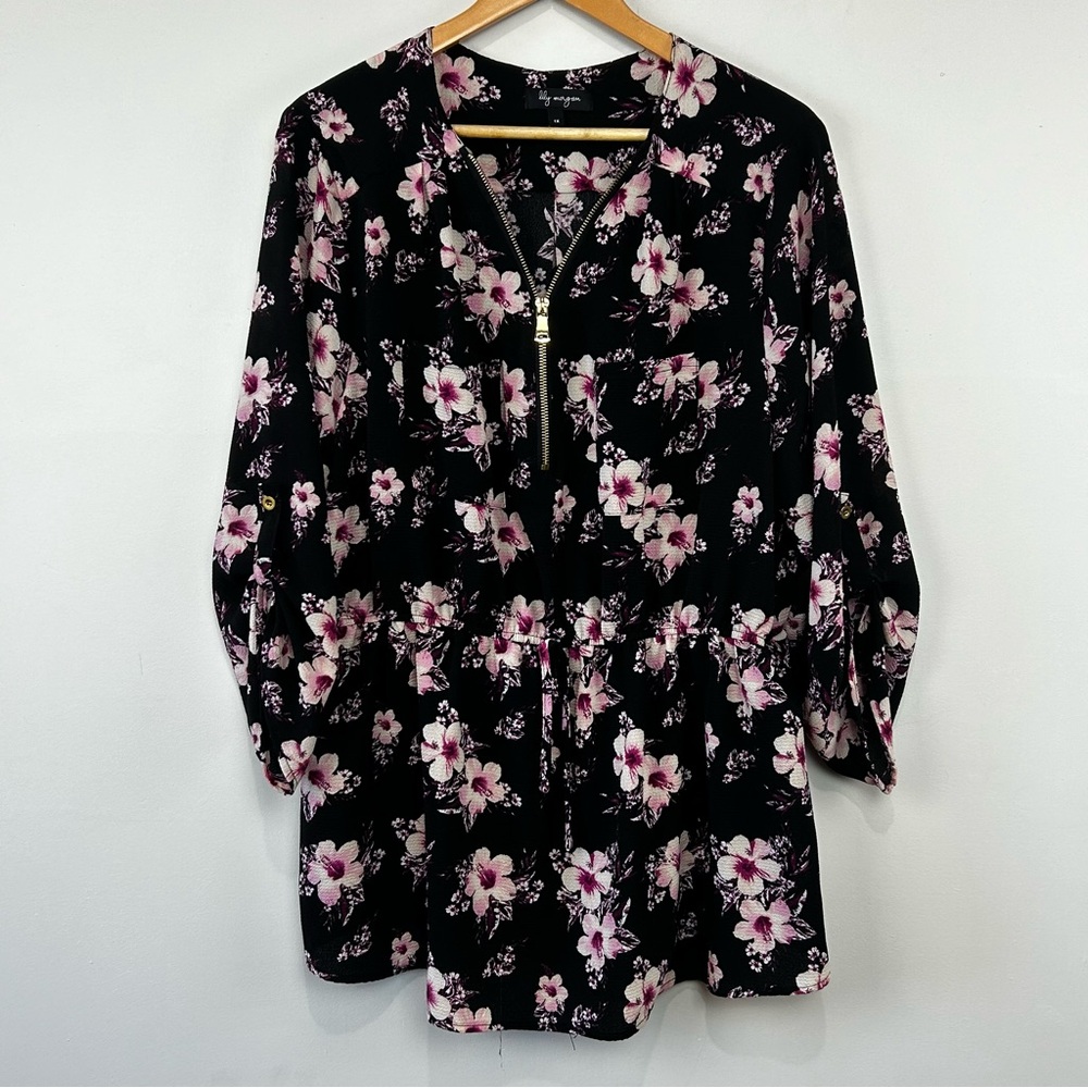 Lily Morgan Black and Pink Floral Tunic Blouse 1X